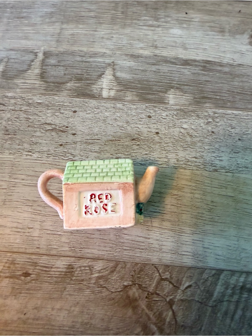 Ceramic Teapot Figurine in Light Pink with Green Roof